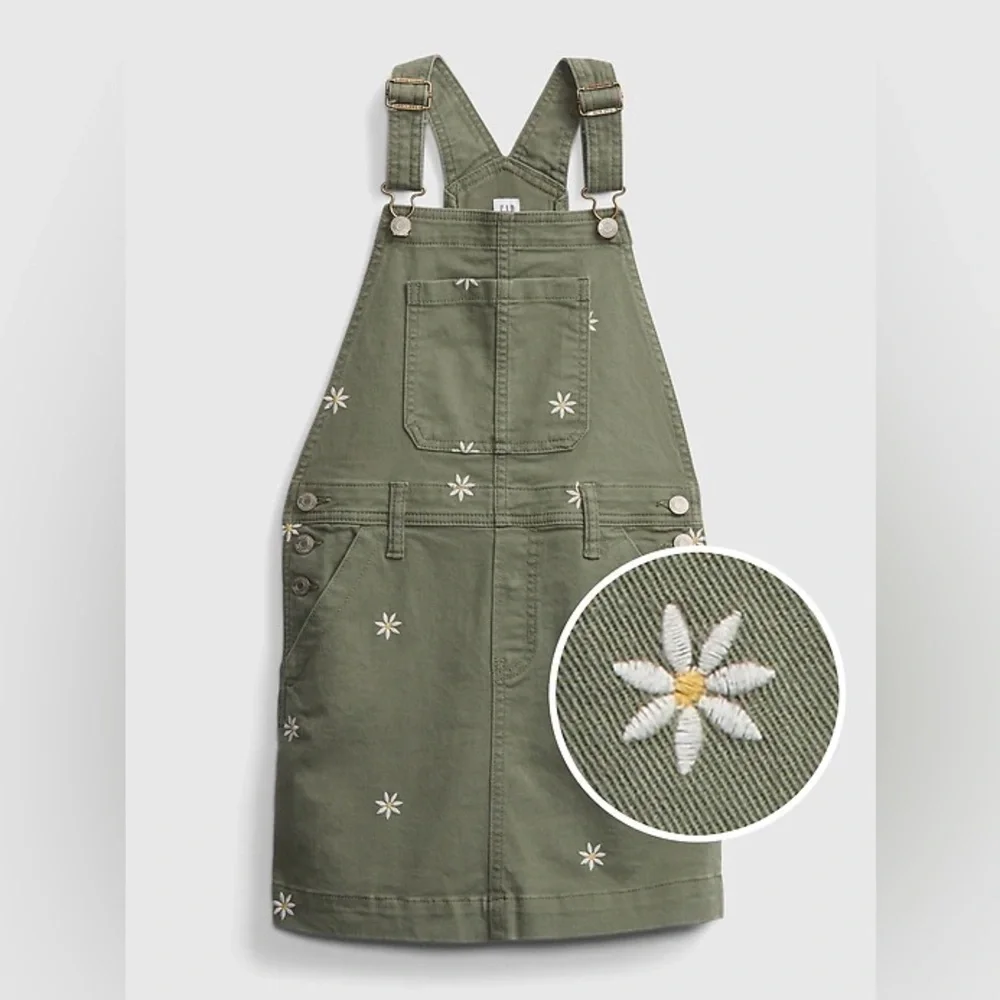 GAP Kids Olive Girl's Overall Dress with Embroidered Floral Accents Size Small